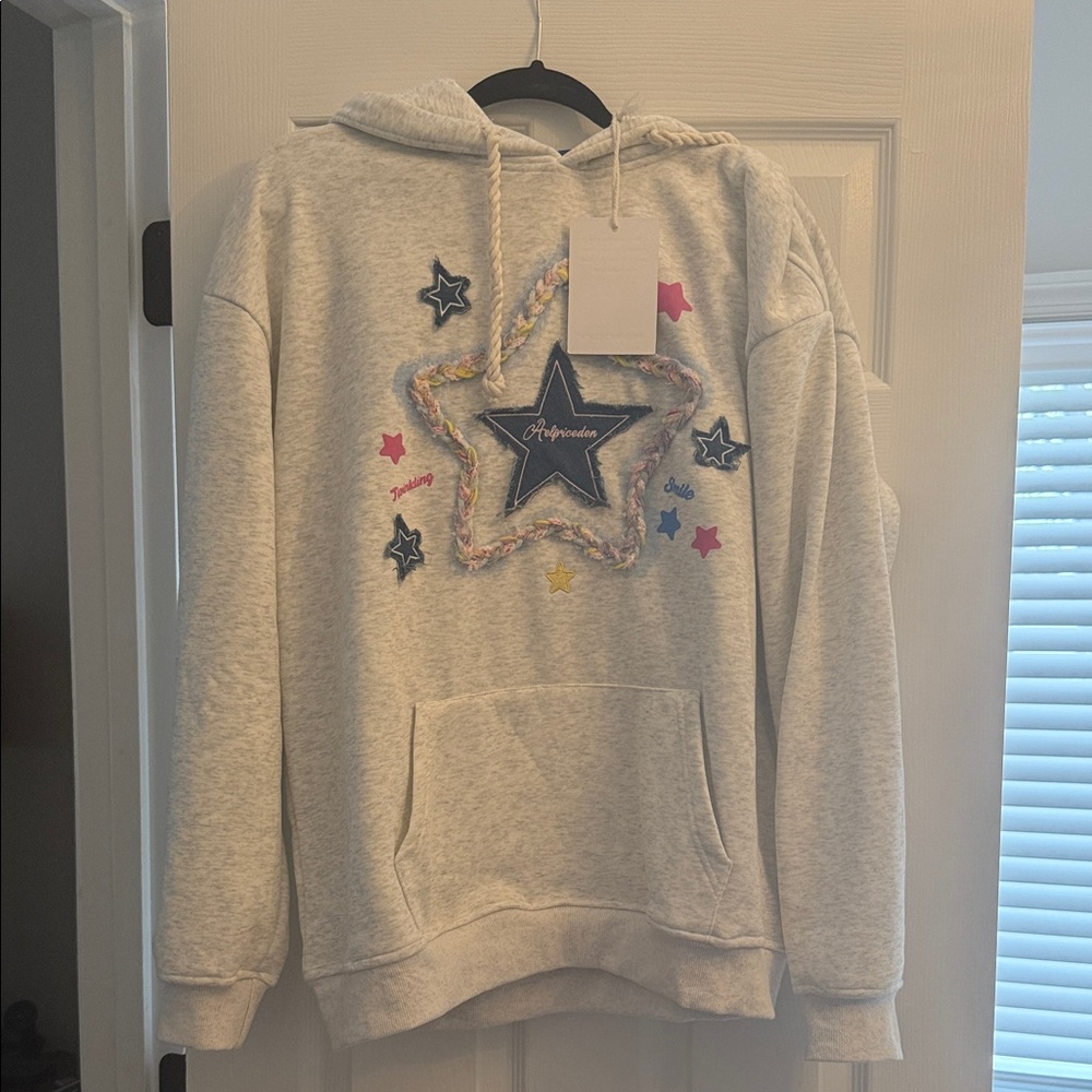 Aelfric Eden Light Gray Star Applique Hoodie with Multicolor Accents